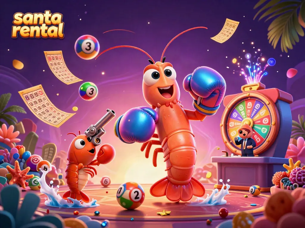 Engaging illustration showcasing a vibrant casino scene with a mantis shrimp hosting a Santa rental event.