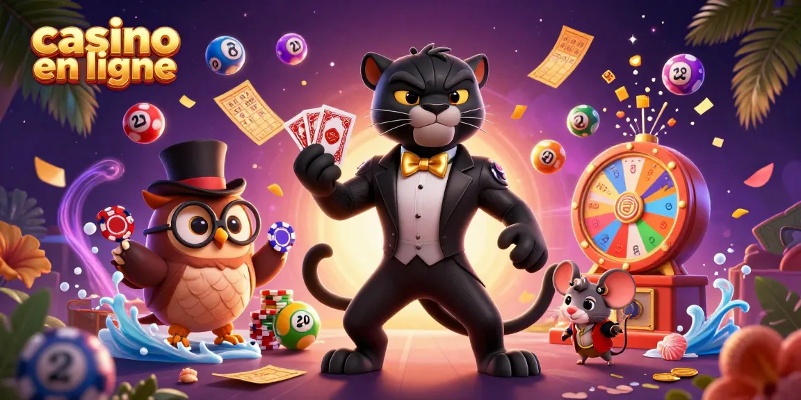 Une illustration de casino en ligne colorée avec un panthère élégant et jouant aux cartes, remplie d'effets de loterie.