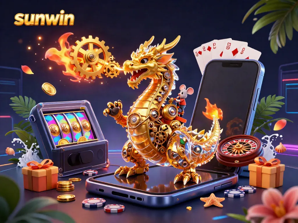 Experience the thrill of sunwin with a dynamic scene showcasing a golden dragon and engaging casino games.