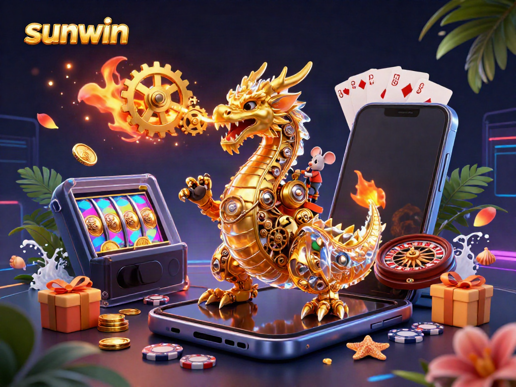 Experience the thrill of sunwin with a dynamic scene showcasing a golden dragon and engaging casino games.