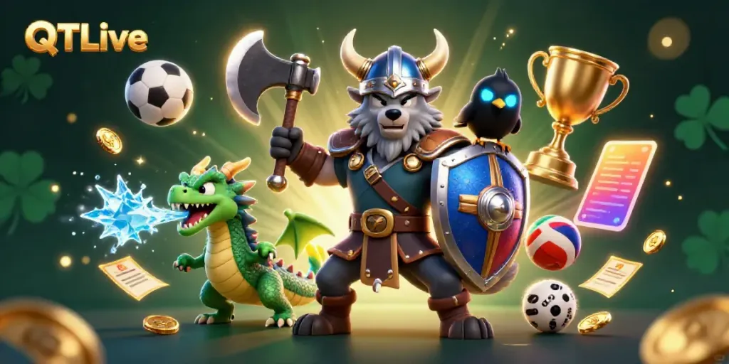 Engage with QQLive's thrilling gaming experience featuring a Viking warrior and dragon in a dynamic casino scene.