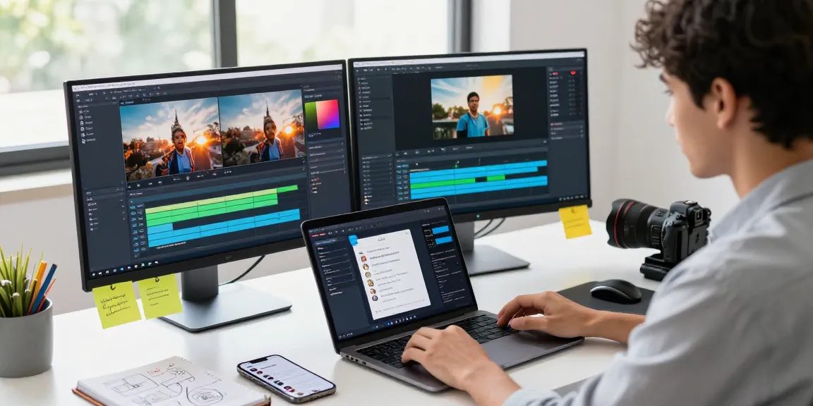 Professional using AI video generator software in a modern tech workspace.