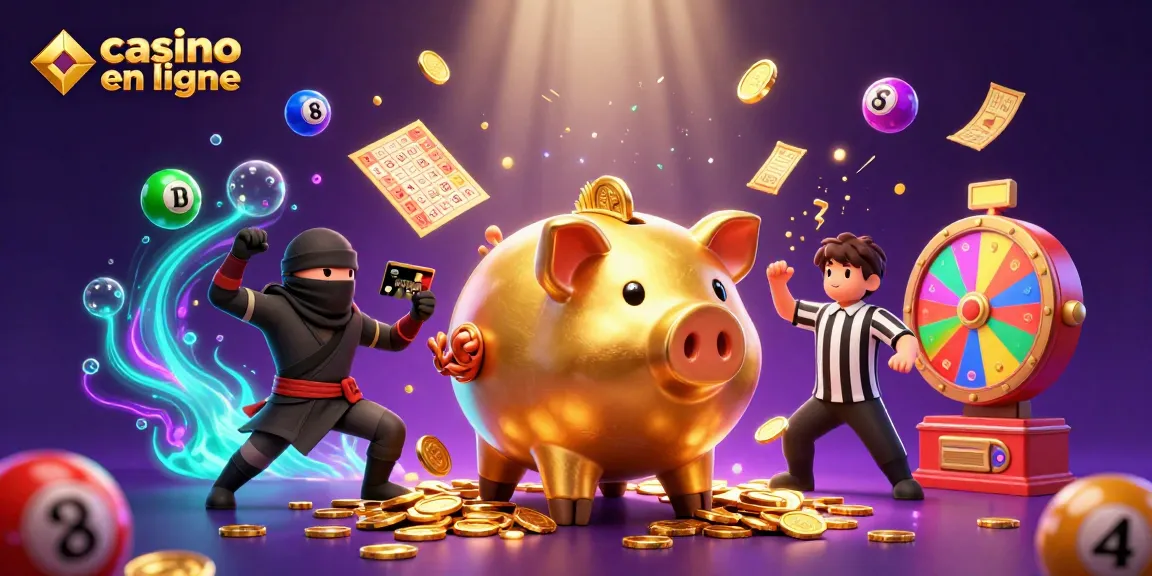 Une scène animée casino en ligne avec un sumo en banque dorée et des éléments variés.