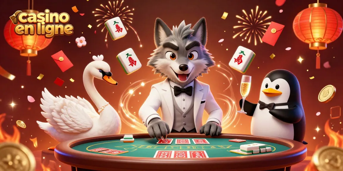 Baccarat dans un casino en ligne avec un loup en costume, un cygne et un pingouin, cartes et champagne présentés