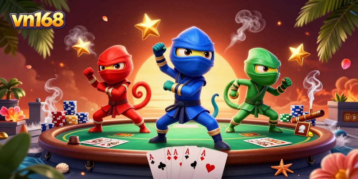 Experience the thrill of vn168 with a dynamic scene of ninja chameleons at a vibrant poker table.
