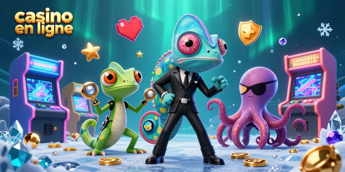Illustrez l'excitation des jeux avec casino en ligne, où un caméléon agent secret interagit avec un compagnon gecko.
