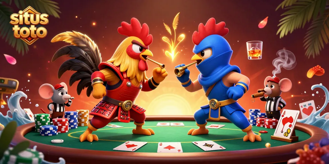 Battle between situs toto champions with roosters, poker elements, and a vibrant atmosphere.