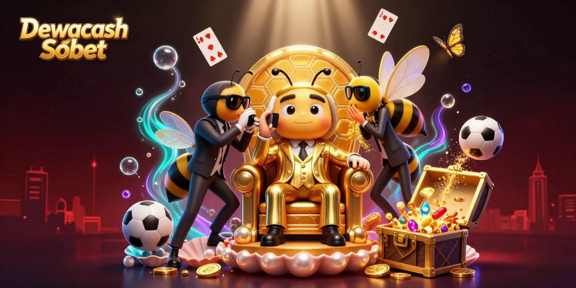 Dewacash Sbobet illustration featuring a bumblebee mob boss surrounded by betting elements and treasure in a vibrant scene.