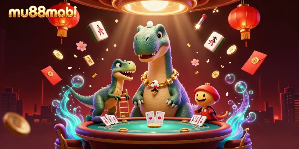Experience the dynamic excitement of mu88mobi with a playful brontosaurus observing a poker game.