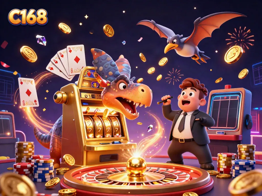 C168 players celebrate a jackpot win at a vibrant casino scene with a pachycephalosaurus and gold coins.