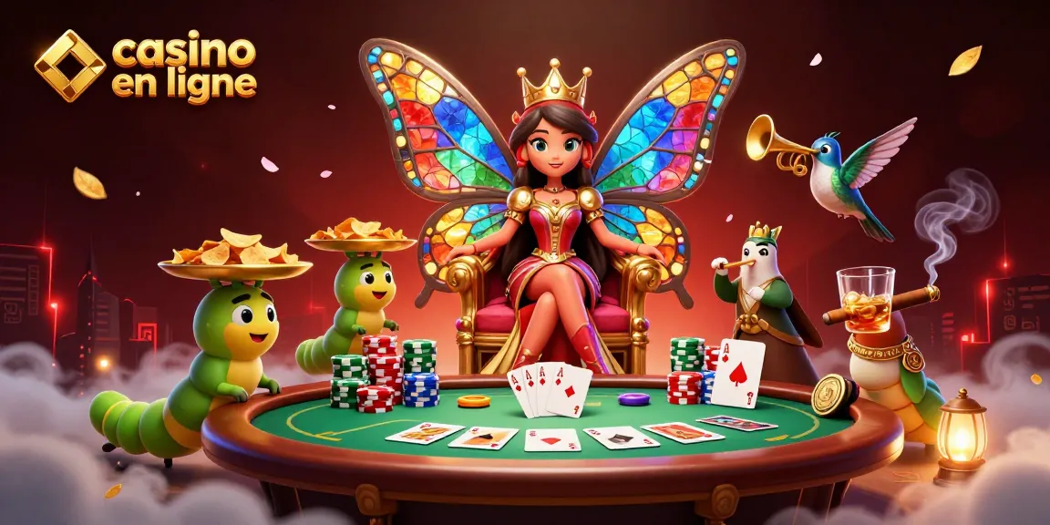Jouer au casino en ligne avec une reine papillon entourée de jetons d'or et de cartes à jouer.