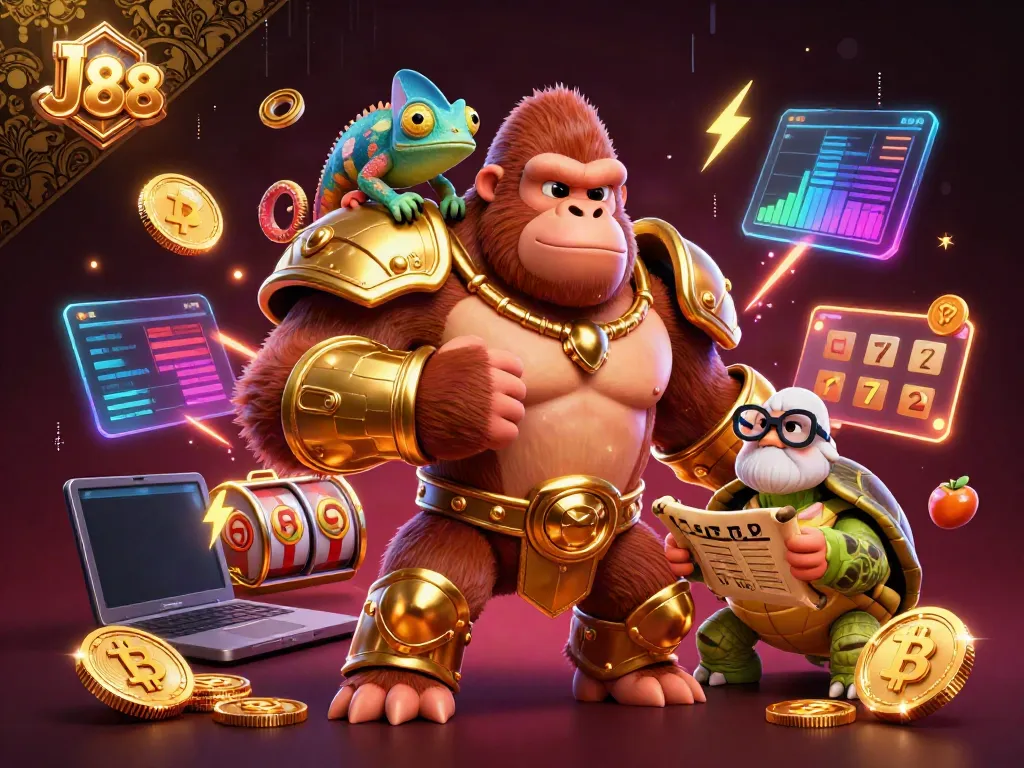 Experience the excitement of J88 with a powerful casino-themed illustration featuring a gorilla king and colorful game elements.