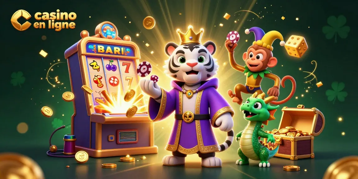 Appréciez le visuel captivant du casino en ligne avec un tigre élégant en robes royales et un singe jongleur de jetons.