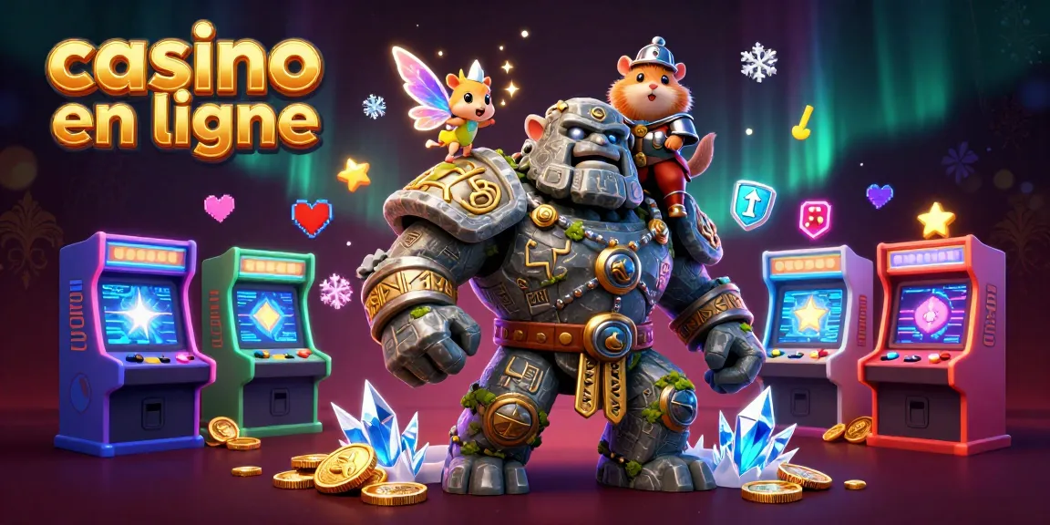 Action sur le casino en ligne avec un golem et un hamster chevalier entourés d'éléments ludiques.