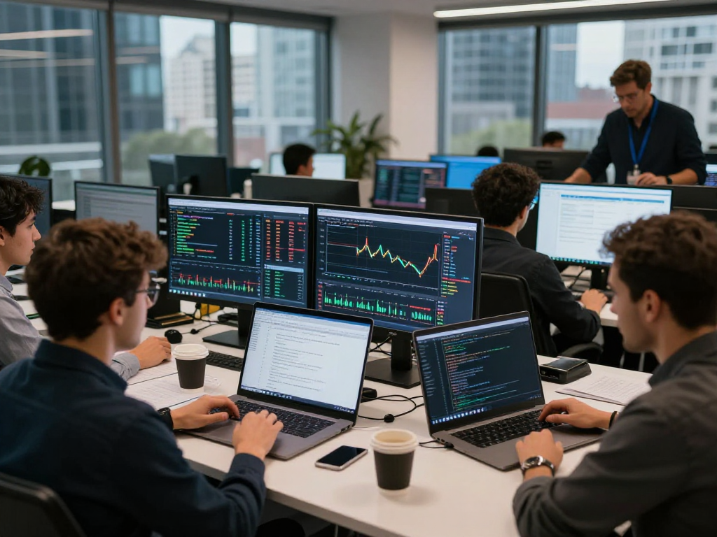 Team discussing precious metal WebSocket API in a modern forex trading office with charts and laptops.