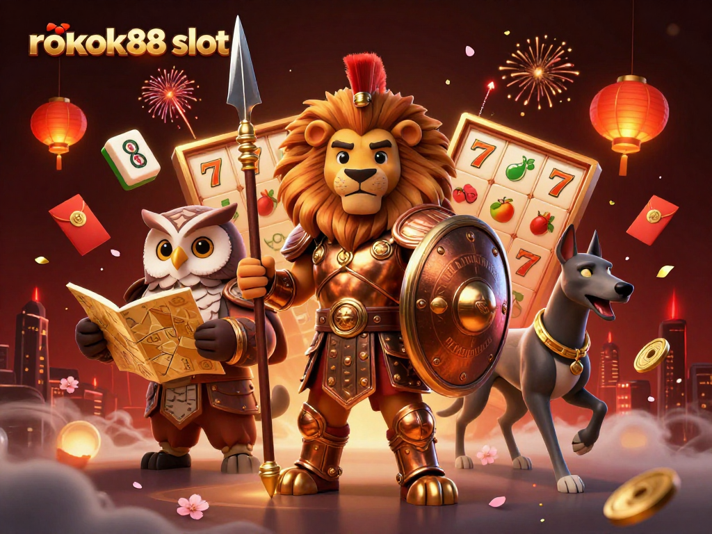 Engage in thrilling gameplay with rokok88 slot featuring a Spartan lion, owl strategist, and energetic greyhound.