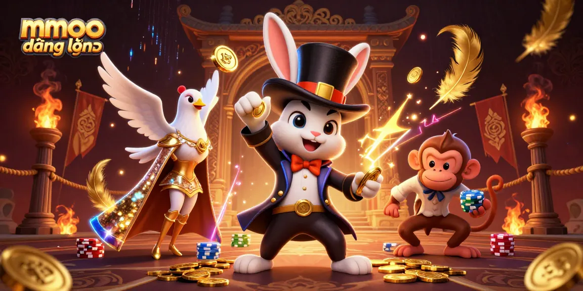 Play games with mmoo đăng nhập showcasing a magician rabbit, shimmering coins, and lively casino atmosphere.