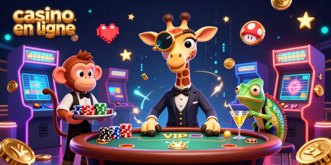 Découvrez une expérience immersive de casino en ligne avec une girafe élégante et un singe valet à une table de poker.