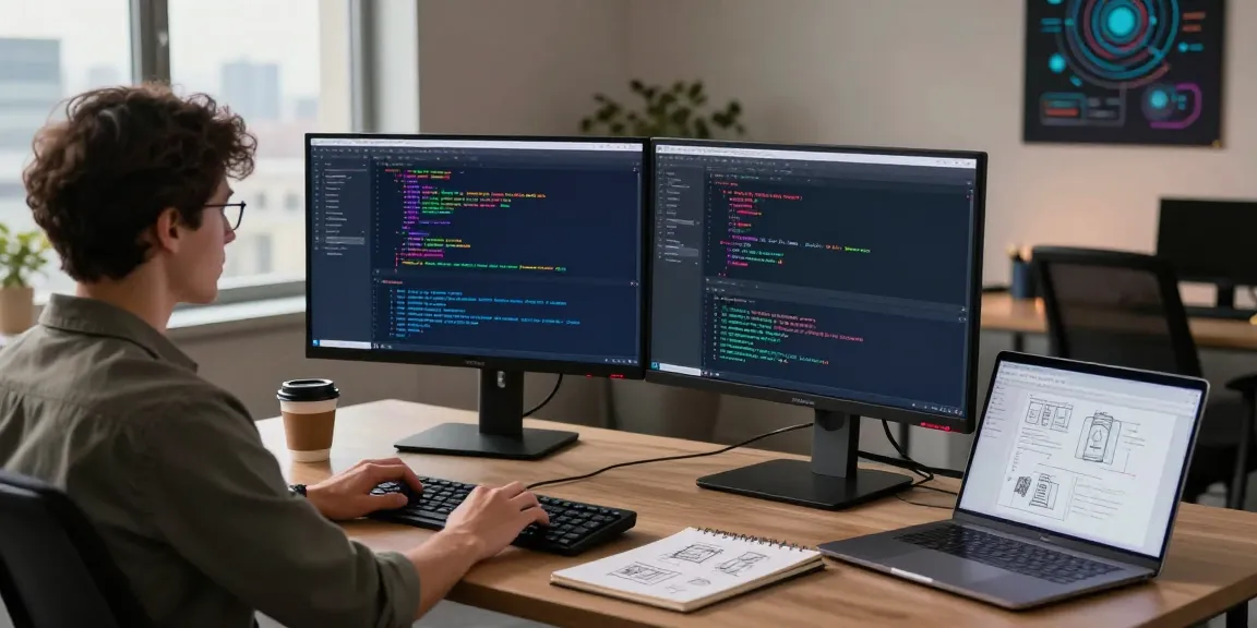 NAGA2000 application development workspace highlighting a focused coder and dual monitors with colorful code and design.