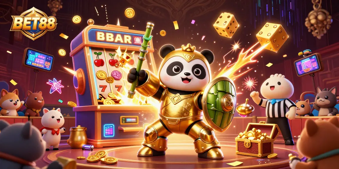 Experience thrilling gaming action with BET88 as a golden panda pilots a fighting robot in a vibrant casino.