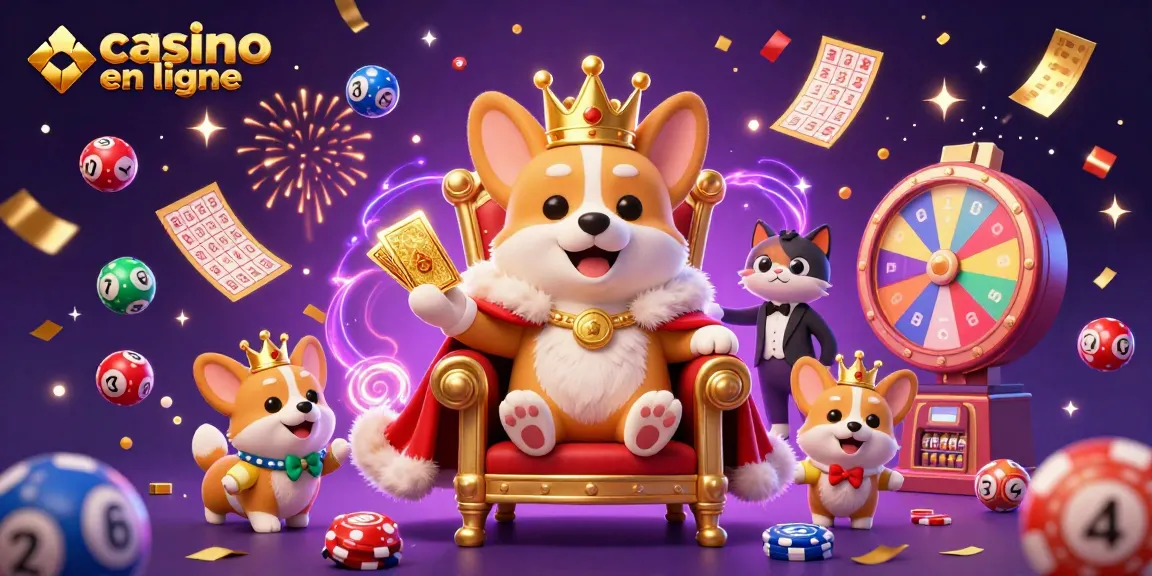 Gagnez aux jeux de casino en ligne avec un corgi royal entouré de jeux et de lots colorés.