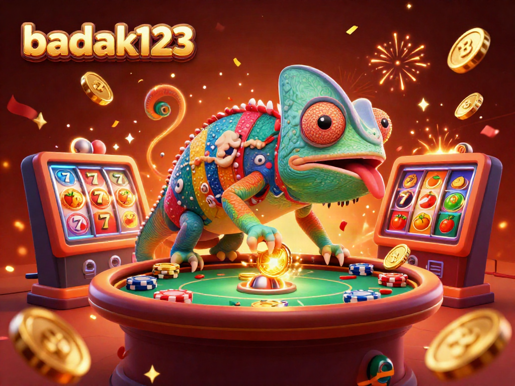 Melihat keseruan bermain di BADAK123 dengan mesin slot berkilauan dan banyak koin emas yang terbang.
