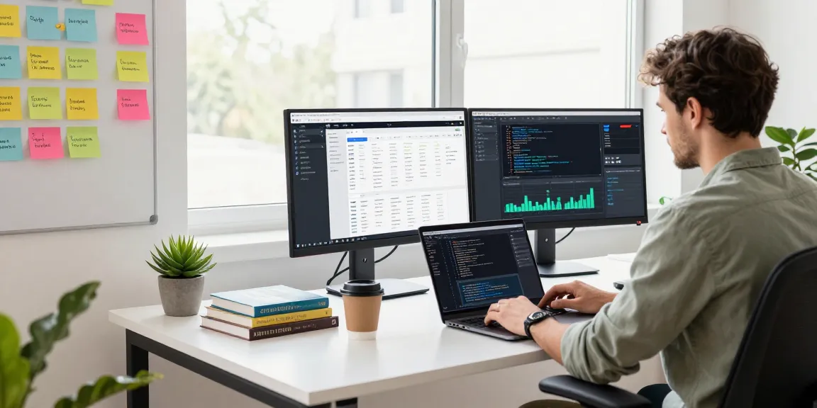 Focused developer coding at a modern workstation featuring ggsoft software tools and vibrant workspace elements.