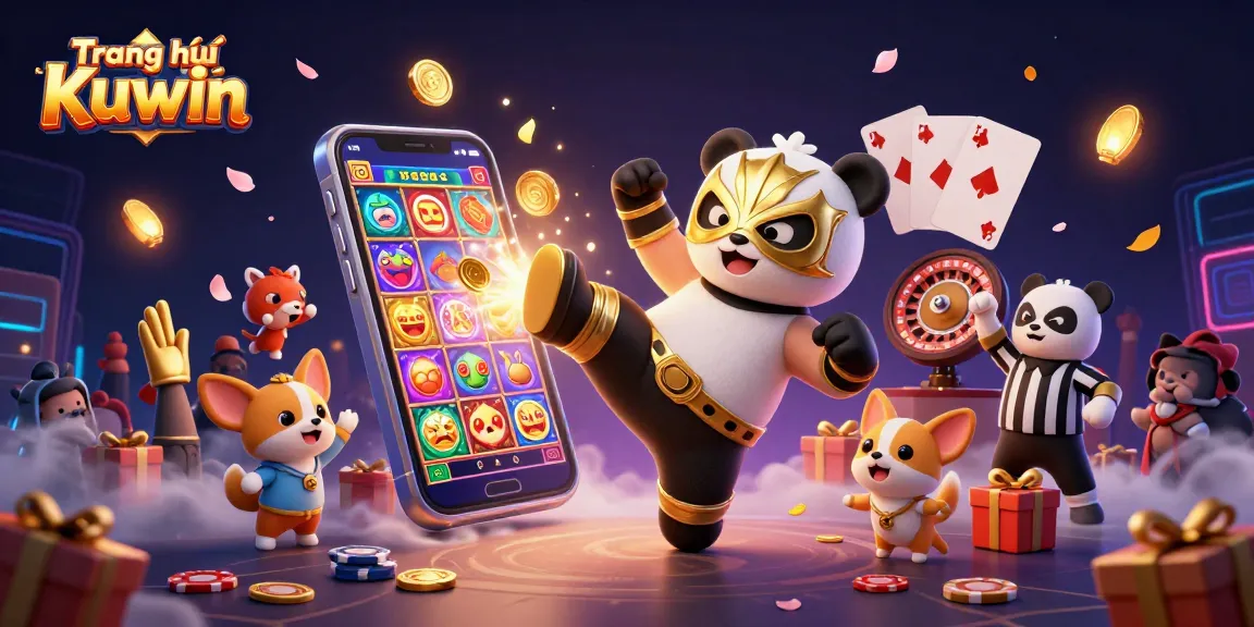 Win big at Trang chủ Kuwin with vibrant 3D illustration of a panda wrestler in action.