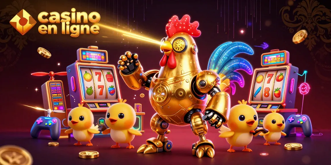Illustration extravagante d'un casino en ligne avec un robot coq doré et des drones, vibrant d'énergie.