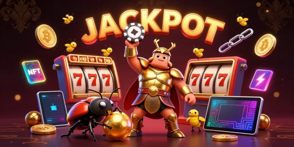 Experience the excitement of Kecak4D with dynamic slot elements and glowing crypto coins in a vibrant casino scene.