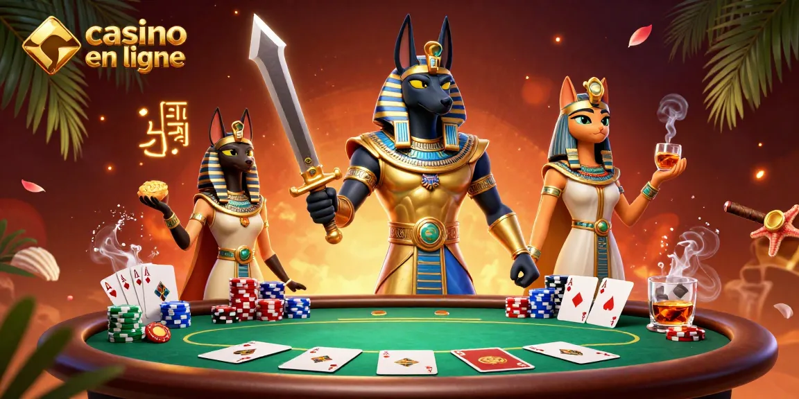 Jouez à casino en ligne avec des personnages égyptiens sur un fond lumineux et coloré.