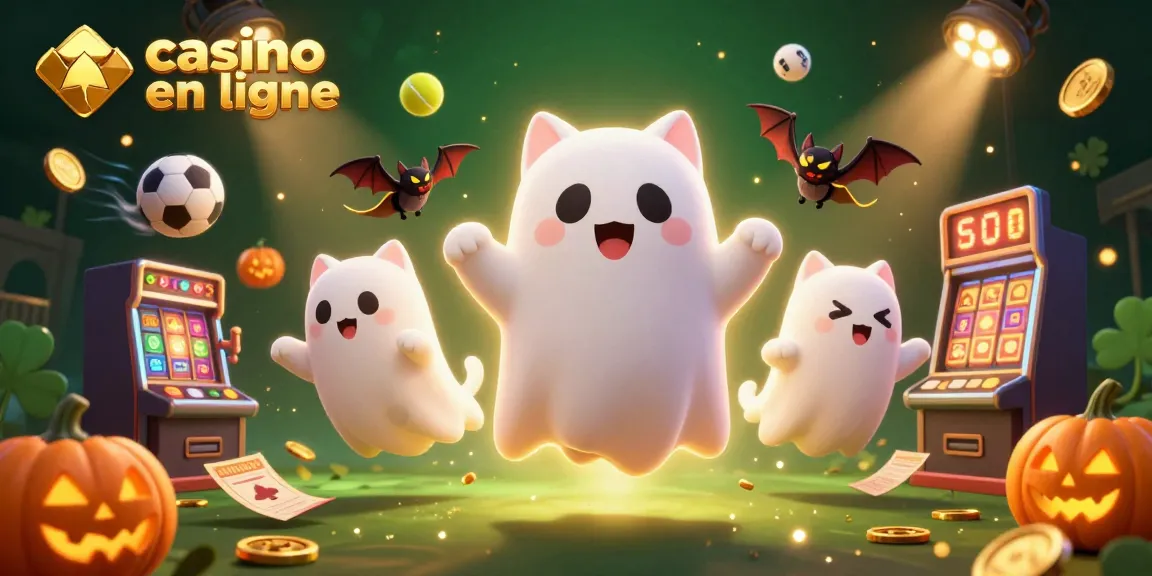 Illustration dynamique d'un casino en ligne avec un chat fantôme, un vampire et des éléments sportifs.