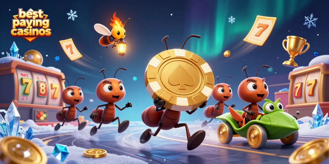 Engaging scene of the best paying online casinos featuring ants heisting a giant poker chip.