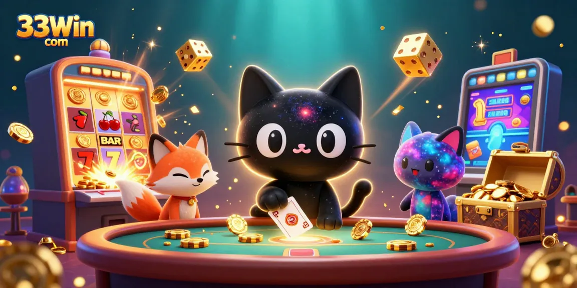 Engaging 3D cosmic casino scene symbolizing 33Win com featuring iconic gaming elements.