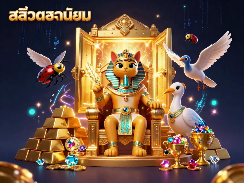 Engaging scene with สล็อตยอดนิยม featuring an Egyptian pharaoh cat and treasures at an online casino.