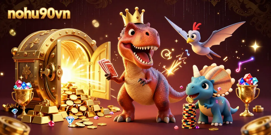 Experience thrilling gameplay with nohu90vn, where a golden crown-wearing T-Rex entertains at the card table.