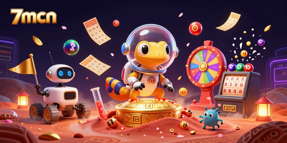 Engage with thrilling 7mcn casino action featuring a Martian gecko celebrating in a golden casino.