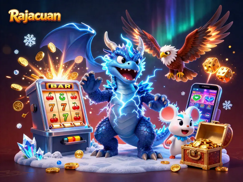 Rajacuan players spin to win with a dynamic scene of online slots featuring vivid dragons and jackpots.