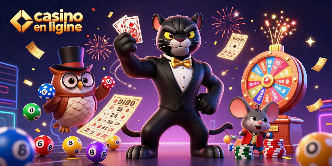Illustration d'un casino en ligne avec des personnages animés et des éléments de jeu dynamiques.