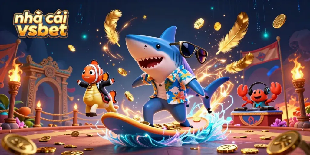 Exciting scene featuring nhà cái vsbet's cartoon shark on gold coins, with vibrant gambling elements.
