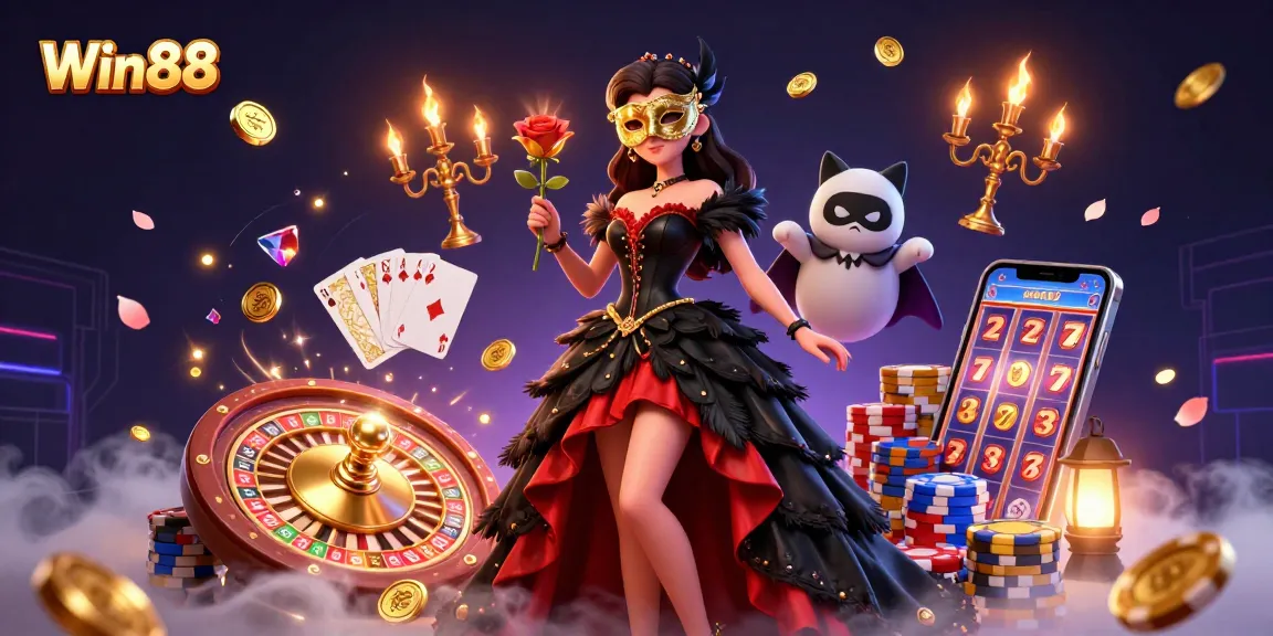 Win88 captivates players with thrilling casino action, beautifully illustrated 3D scene of games and glamour.