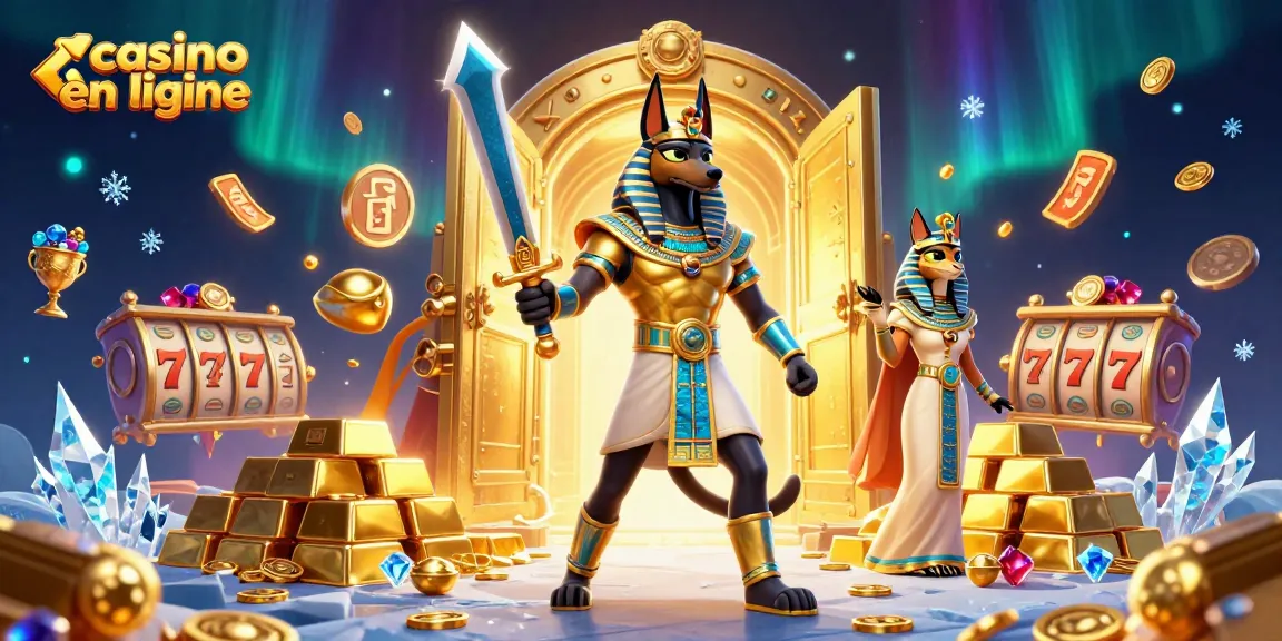 Plongez dans l'univers du casino en ligne avec Anubis et Bastet entourés d'or et de trésors scintillants.