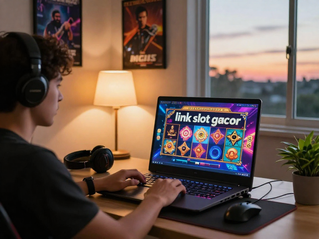 Player enjoying link slot gacor on laptop in vibrant home office with engaging gaming atmosphere