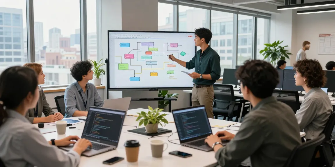 Engaged team at https://rtischeduler.co.uk/ brainstorming software solutions in a collaborative office environment.