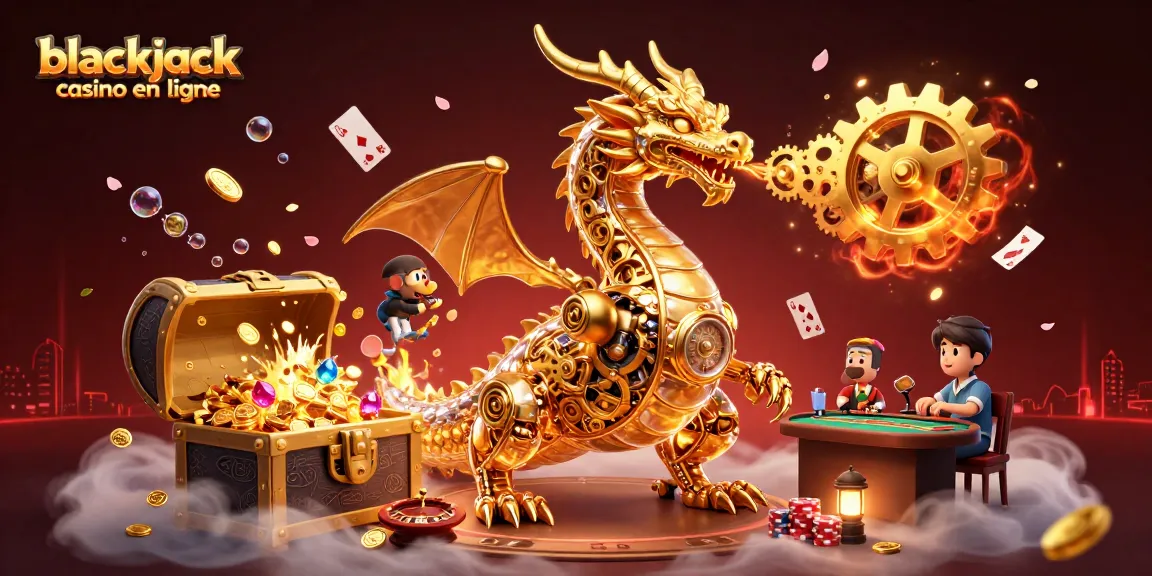 Jouez au blackjack casino en ligne avec des éléments dynamiques et un dragon biomechanique flamboyant.