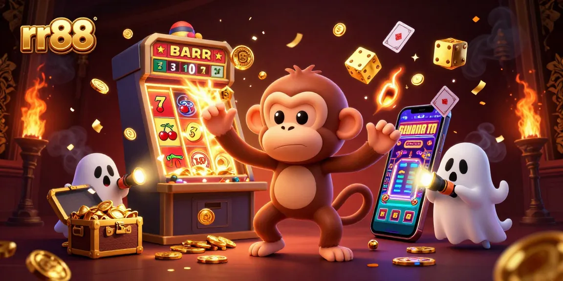 Experience the thrill of rr88's haunted casino with a playful ghostly monkey and engaging game elements.