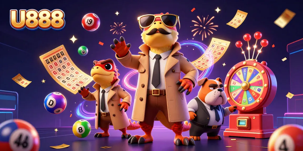 Experience excitement with U888 as cartoon raptors attempt VIP casino entry amidst dazzling lottery elements.