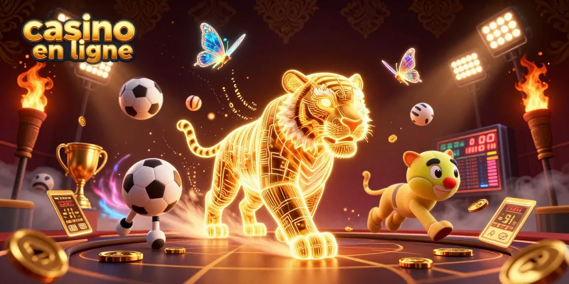 Jouez au casino en ligne avec une illustration dynamique de notre tigre doré et des ballons de sport.