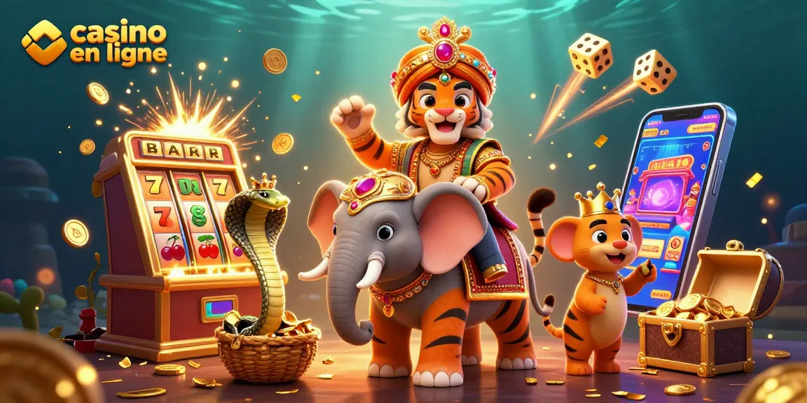 Gagnez avec le casino en ligne grâce à une illustration captivante d'un tigre maharaja et un éléphant.