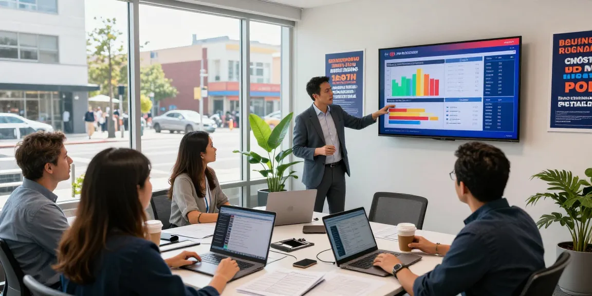 Political programmatic advertising strategy session in dynamic campaign office with digital metrics and engaged team.